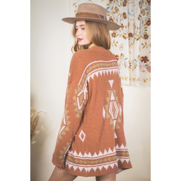 SOLD OUT Brick Aztec Tribal Geometric Cardigan Sweater - Picture 3 of 4